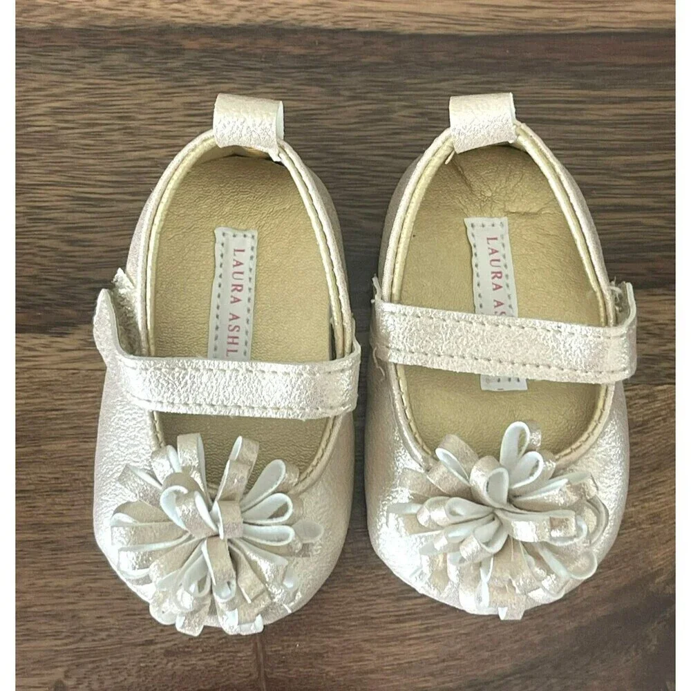 Laura Ashley Gold Baby Shoes Size 1 Flower strap NEW no box Baby gift shower